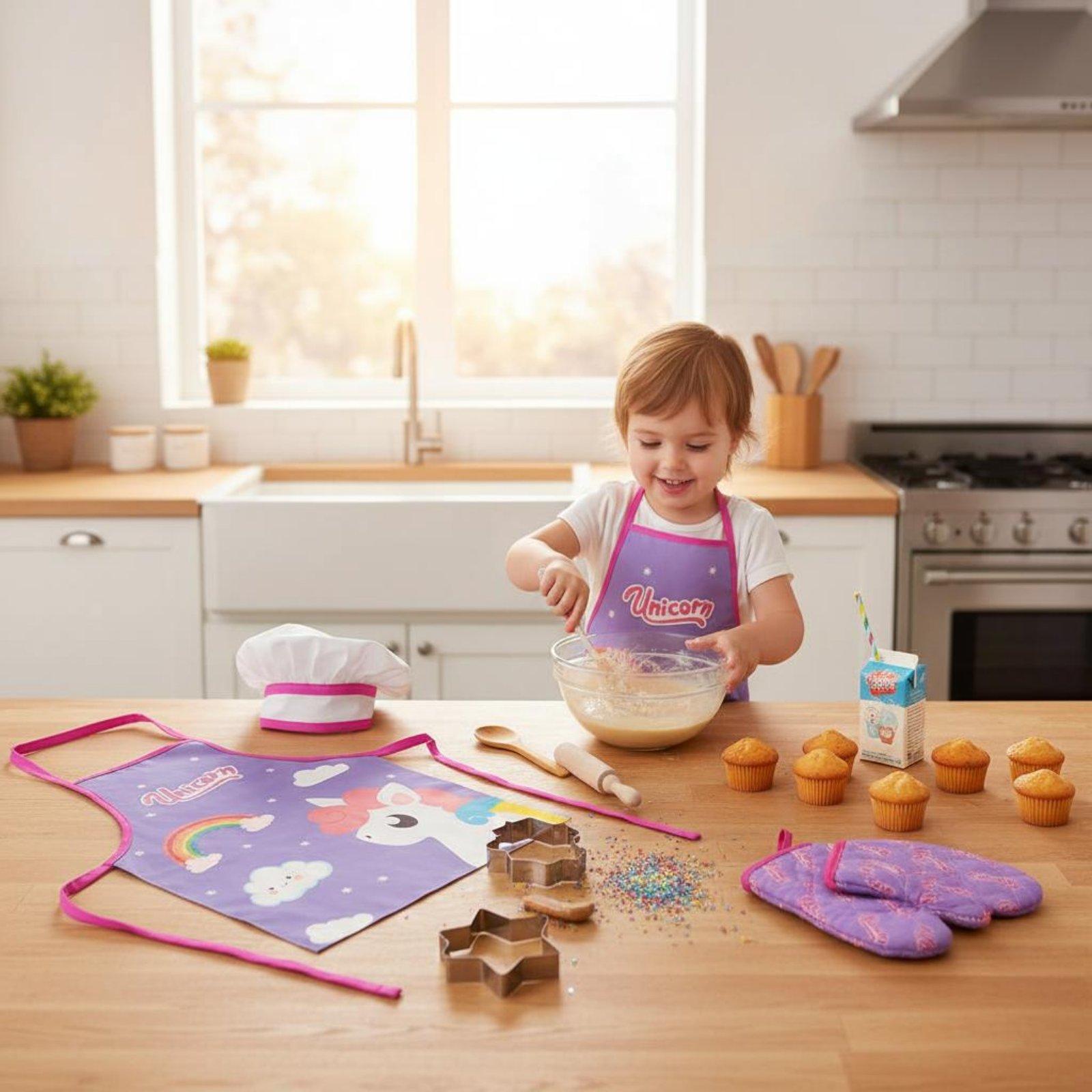 Kitchen Kids Baking Set - ชุดครัวของเล่นสำหรับเด็ก 11 ชิ้น พร้อมผ้ากันเปื้อนเชฟและอุปกรณ์ทำอาหาร ไม้นวดแป้งและที่ตีไข่ สำหรับเด็กเล่นบทบาทสมมติทำขนม